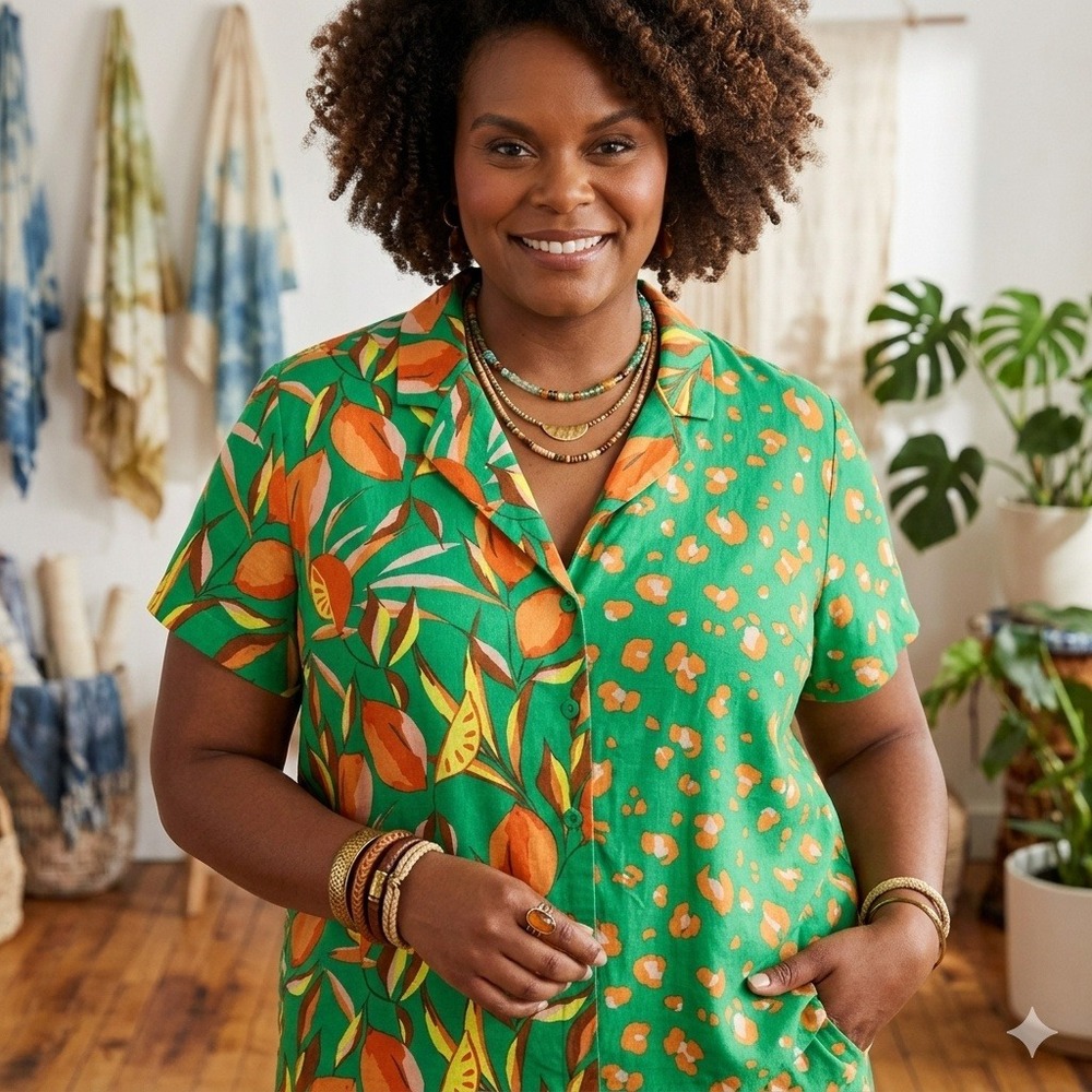Tabitha Brown + Target Artsy Boho Green Fruit Leopard Print Linen Blend Shirt 1X